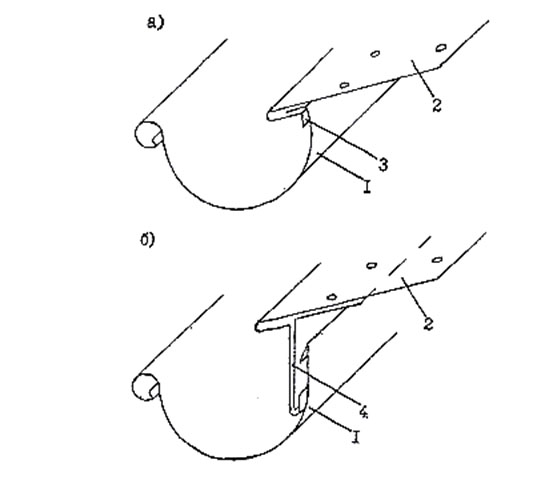 Крепление за желоб карнизной планки с коротким вертикальным свесом (а) и длинным вертикальным свесом (б)
